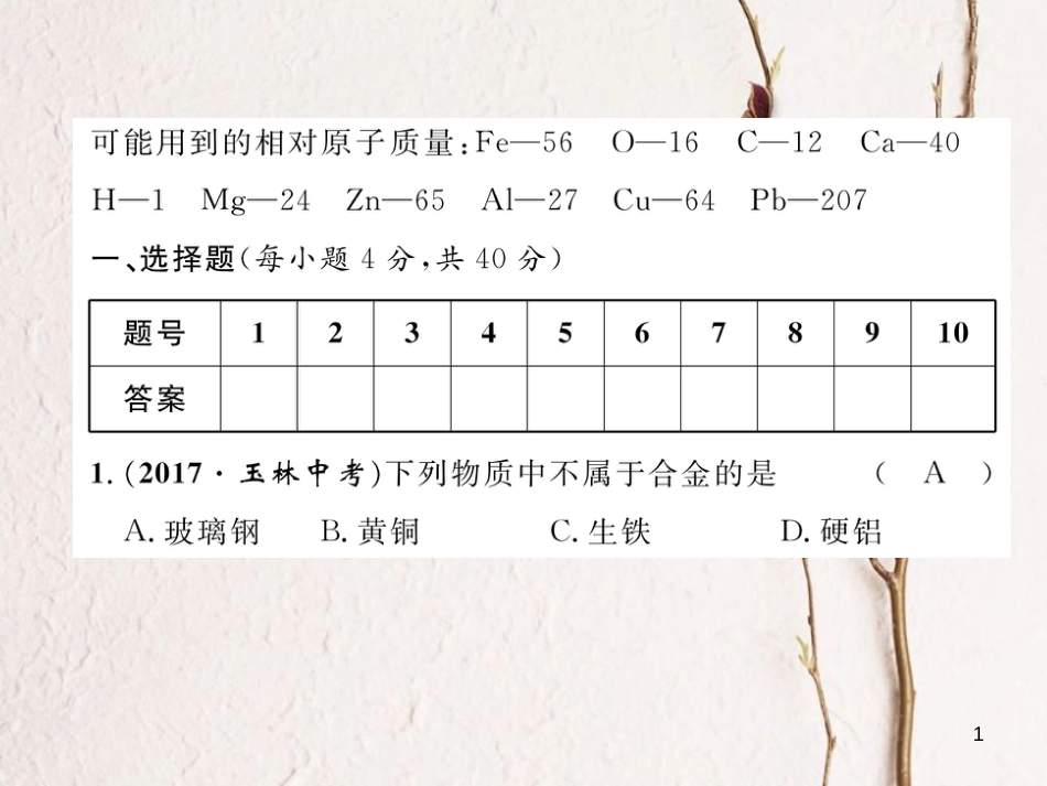 九年级化学下册 第8单元 金属和金属材料达标测试题作业课件 （新版）新人教版_第1页