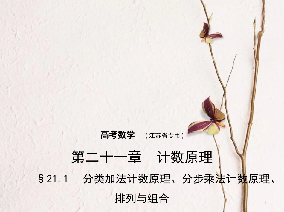 （江苏专用）高考数学一轮复习 第二十一章 计数原理 21.1 分类加法计数原理、分步乘法计数原理、排列与组合课件_第1页