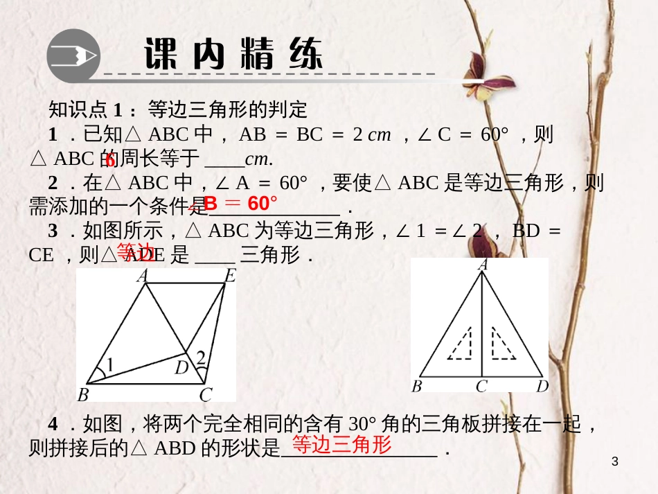 八年级数学下册 第一章 三角形的证明 1 等腰三角形 第4课时 等边三角形的判定作业课件 （新版）北师大版_第3页