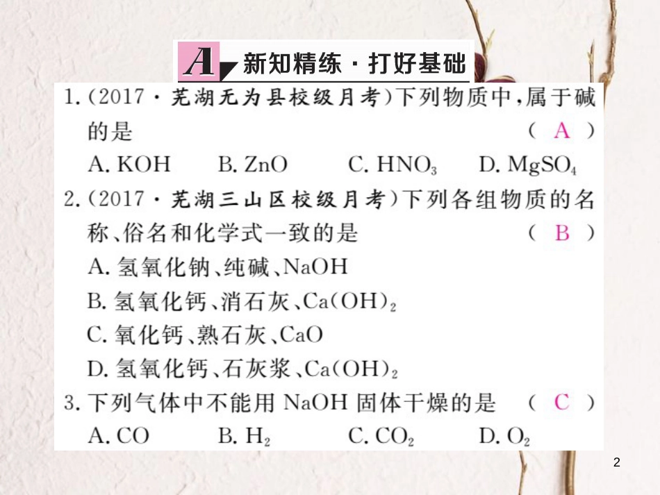 （安徽专版）九年级化学下册 10.1 常见的酸和碱 第3课时 几种常见的碱 碱的化学性质练习课件 （新版）新人教版_第2页