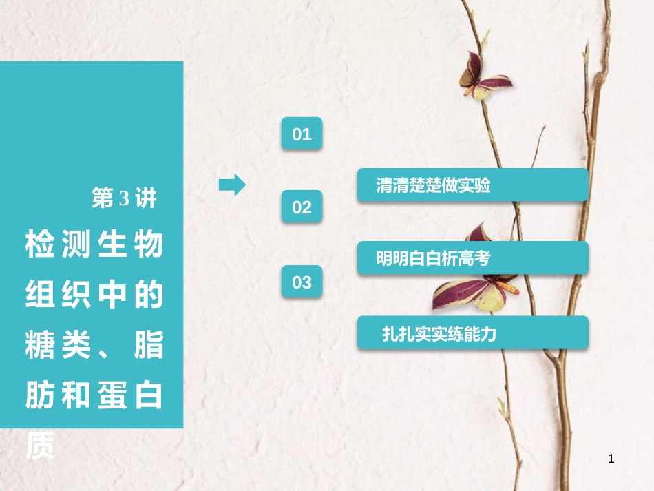 （全国通用版）2019版高考生物一轮复习 第1部分 分子与细胞 第一单元 细胞及其分子组成 第3讲 检测生物组织中的糖类、脂肪和蛋白质课件_第1页