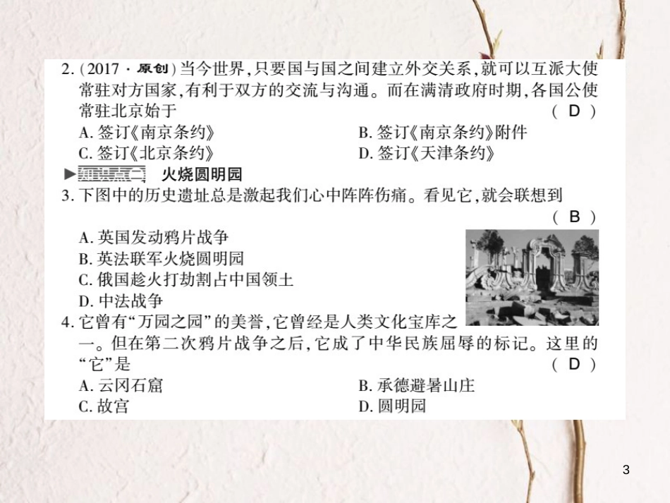 八年级历史上册 第1单元 列强侵华与晚清时期的救亡图存 第2课 第二次鸦片战争习题课件 岳麓版_第3页