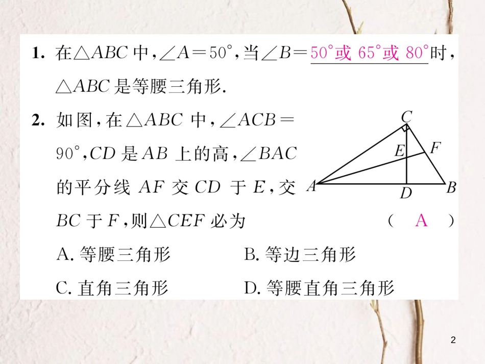 （毕节专版）八年级数学下册 第1章 三角形的证明 课题3 等腰三角形的判定与反证法当堂检测课件 （新版）北师大版_第2页