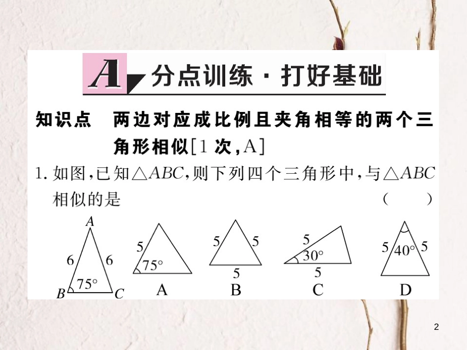 江西省2018年春九年级数学下册 第二十七章 相似 27.2.1 第3课时 两边成比例且夹角相等的两个三角形相似练习课件 （新版）新人教版_第2页