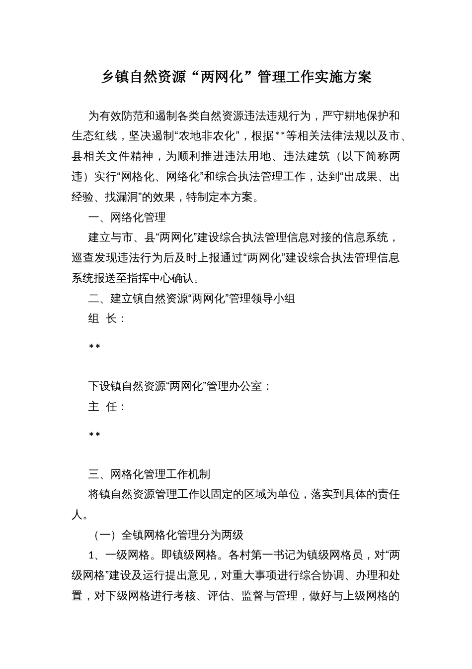 乡镇自然资源“两网化”管理工作实施方案_第1页