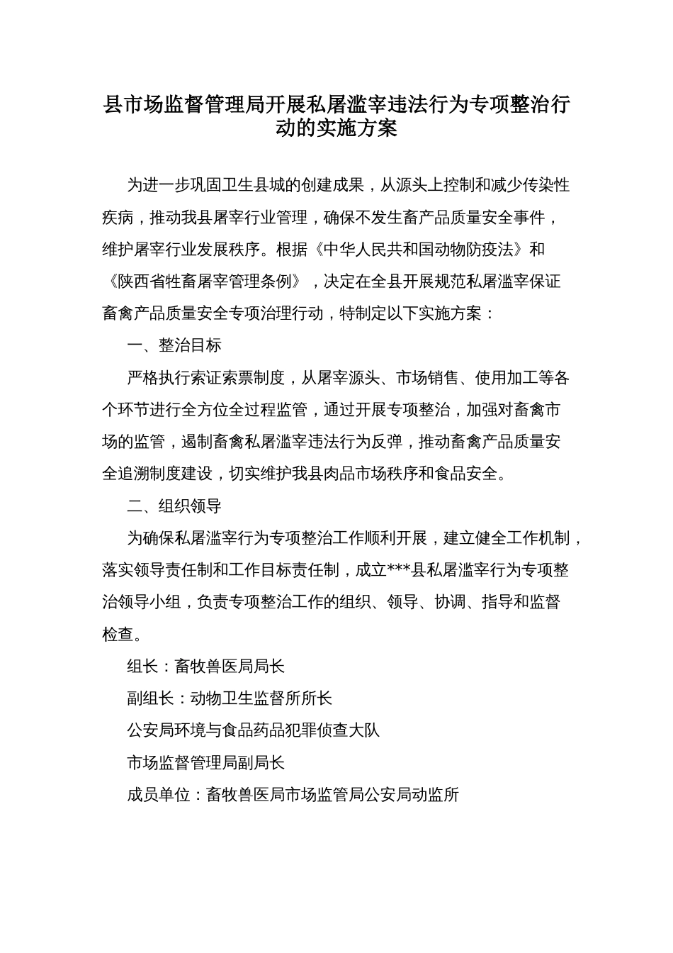 县市场监督管理局开展私屠滥宰违法行为专项整治行动的实施方案_第1页