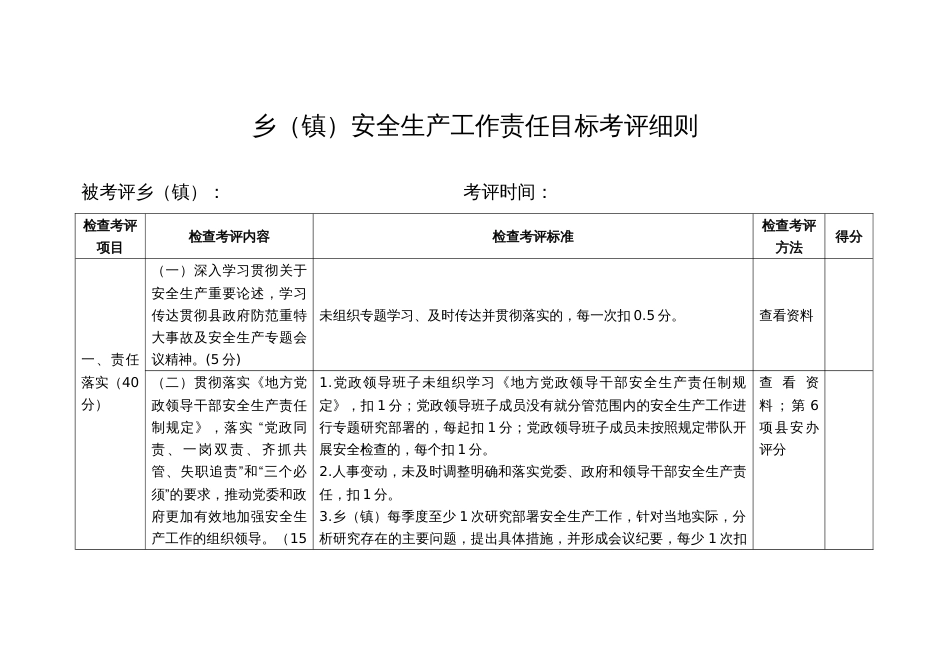 乡（镇）安全生产工作责任目标考评细则_第1页