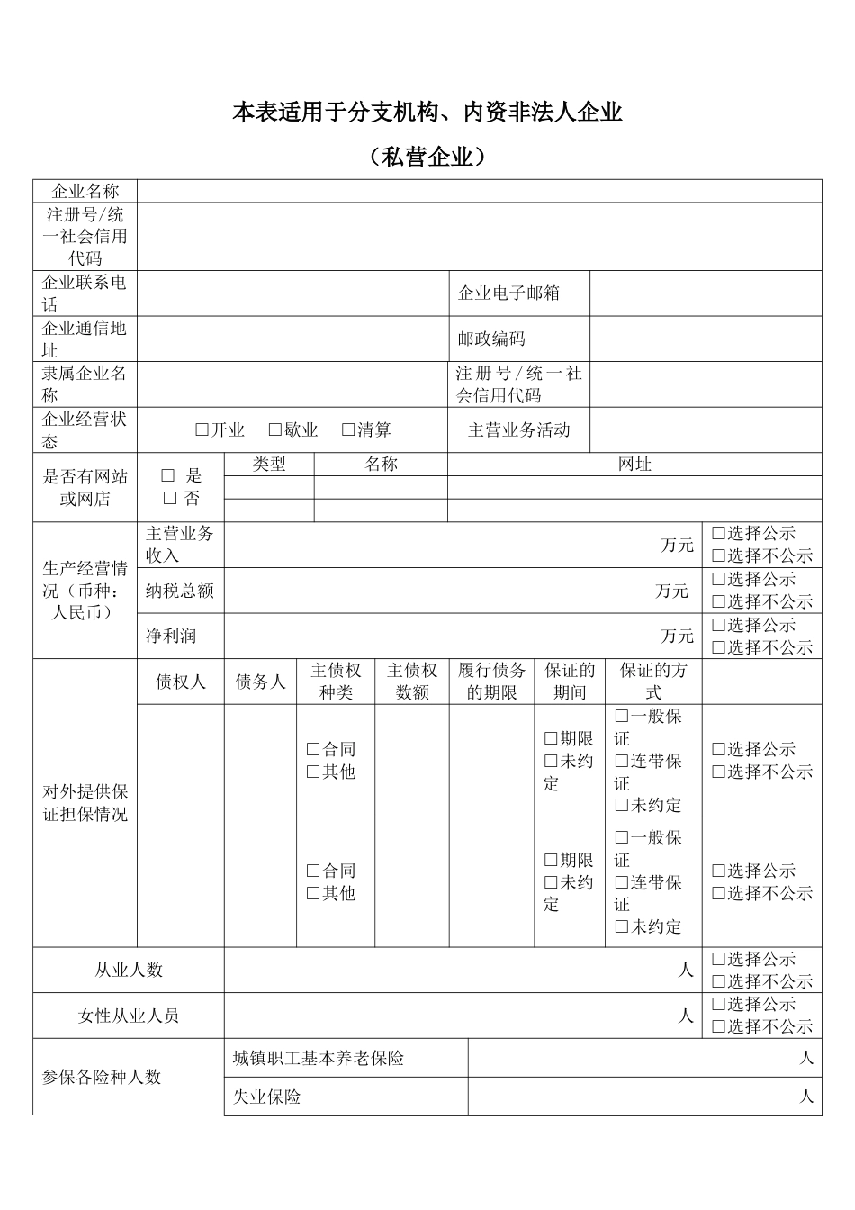 私营分支机构工商登记年度报告书（模板）_第1页