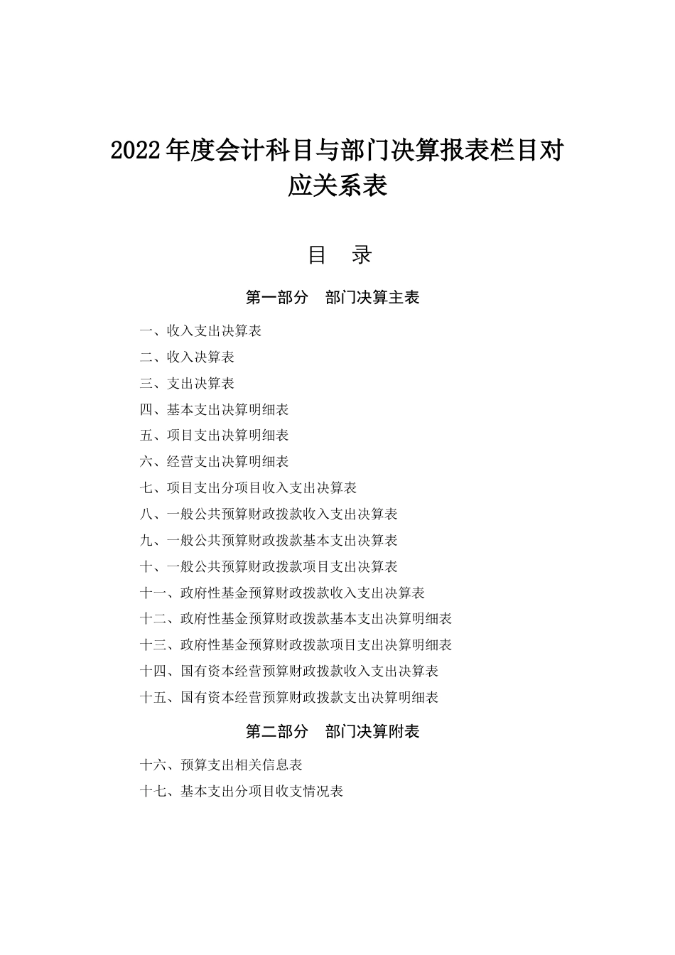 2022年度会计科目与部门决算报表栏目对应关系表_第1页