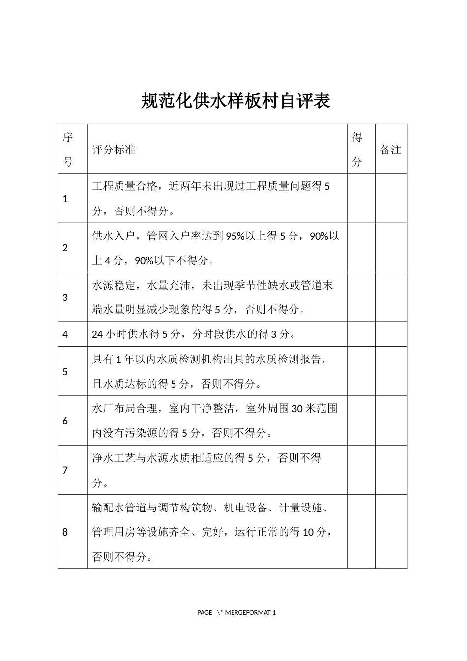 规范化供水样板村自评表_第1页