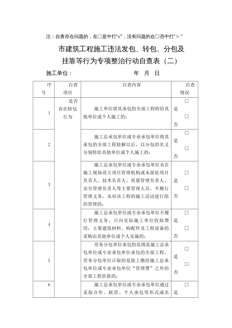 建筑工程施工违法发包、转包、分包及挂靠等行为专项整治行动自查表_第2页