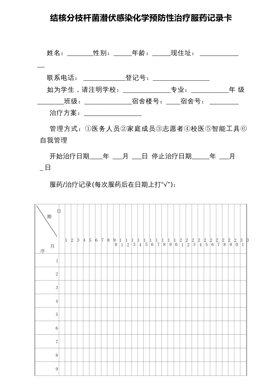 结核分枝杆菌潜伏感染化学预防性治疗服药记录卡_第1页