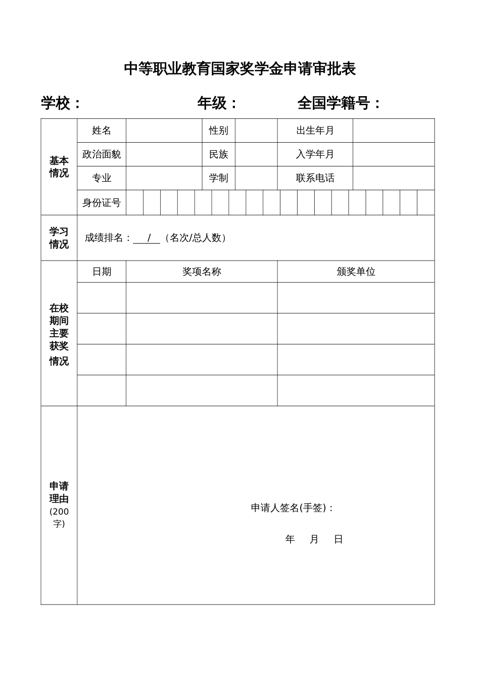 中等职业教育国家奖学金申请审批表_第1页