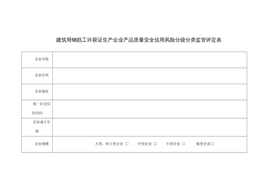 建筑用钢筋工许获证生产企业产品质量安全信用风险分级分类监管评定表_第1页