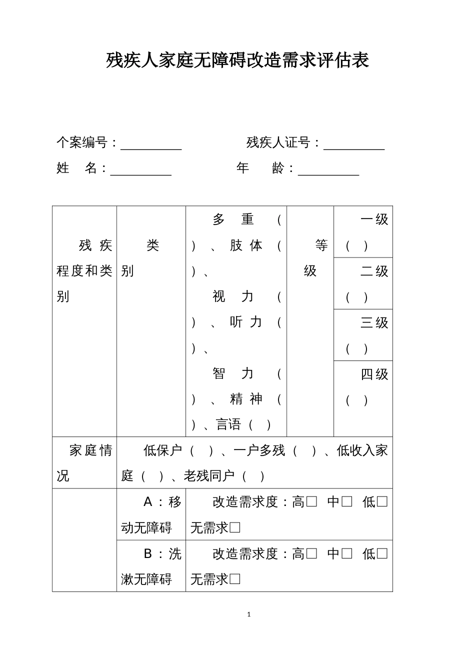 残疾人家庭无障碍改造需求评估表_第1页