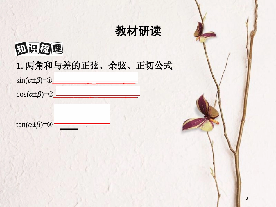 2019届高考数学一轮复习 第四章 三角函数、解三角形 第五节 两角和与差的正弦、余弦和正切公式及二倍角公式课件 文_第3页