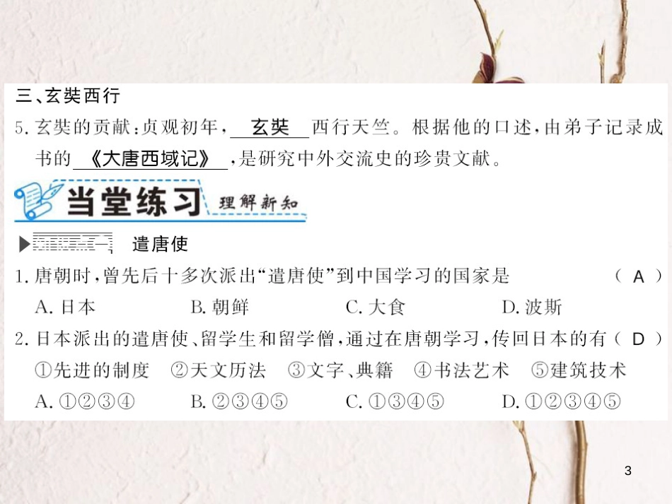 （北部湾专版）七年级历史下册 第一单元 隋唐时期：繁荣与开放的时代 第4课 唐朝的中外文化交流习题课件 新人教版_第3页