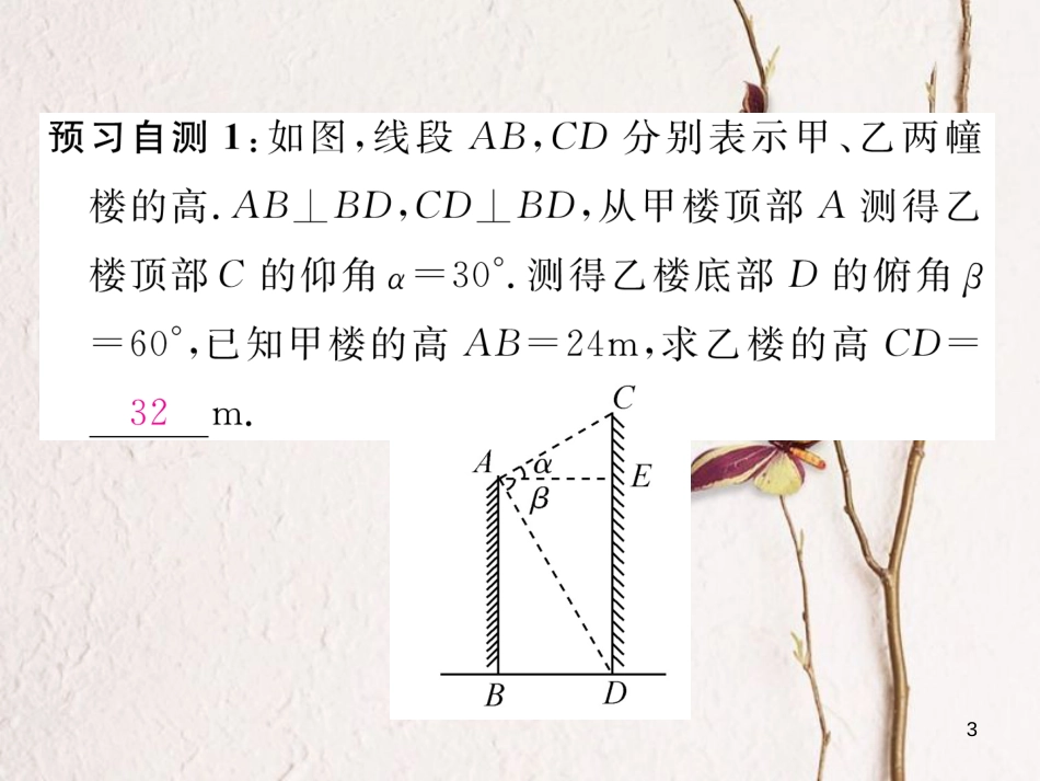 九年级数学下册 第一章 直角三角形的边角关系 1.6 利用三角函数测高作业课件 （新版）北师大版_第3页