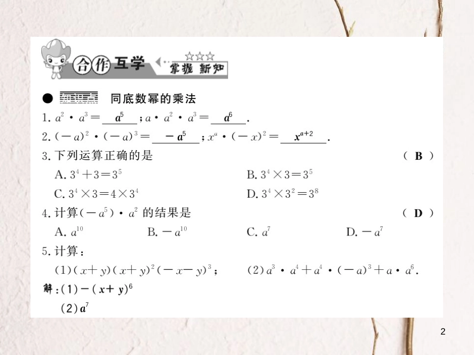 七年级数学下册 第八章 整式乘法与因式分解 8.1 幂的运算（第1课时）习题课件 （新版）沪科版_第2页