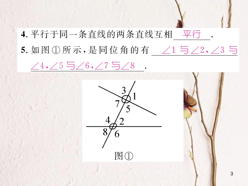 七年级数学下册 第2章 相交的平行线 2 探索直线平行的条件（1）作业课件 （新版）北师大版_第3页