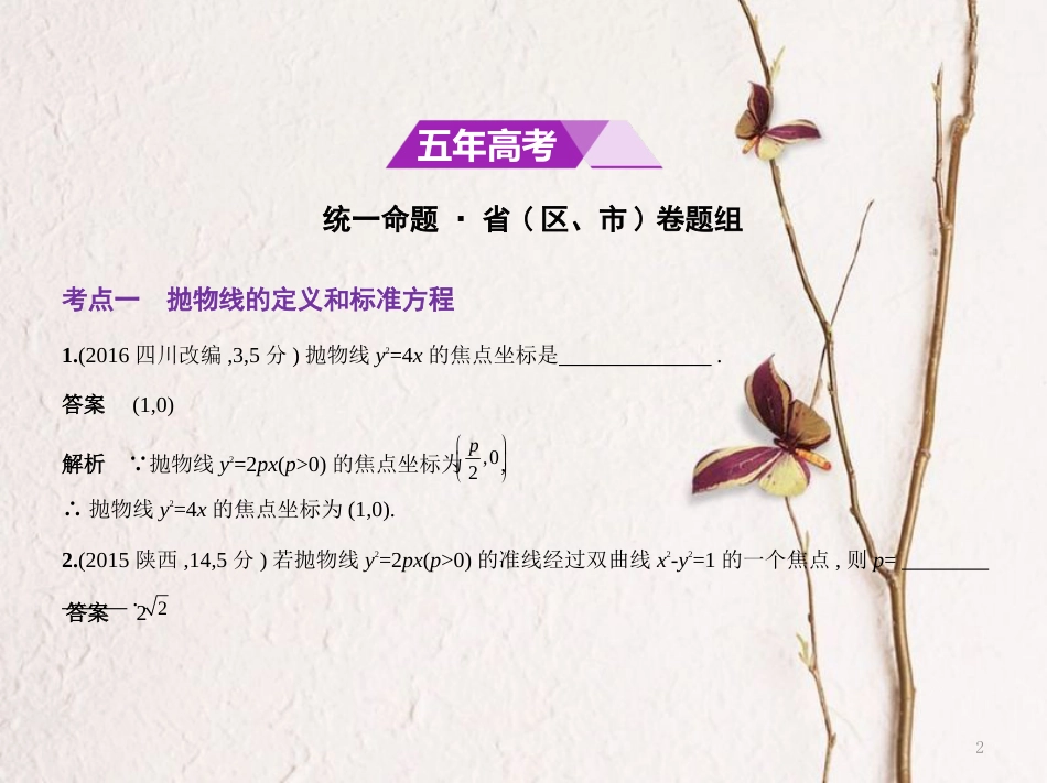 （江苏专用）高考数学一轮复习 第十六章 圆锥曲线与方程 16.3 抛物线课件_第2页