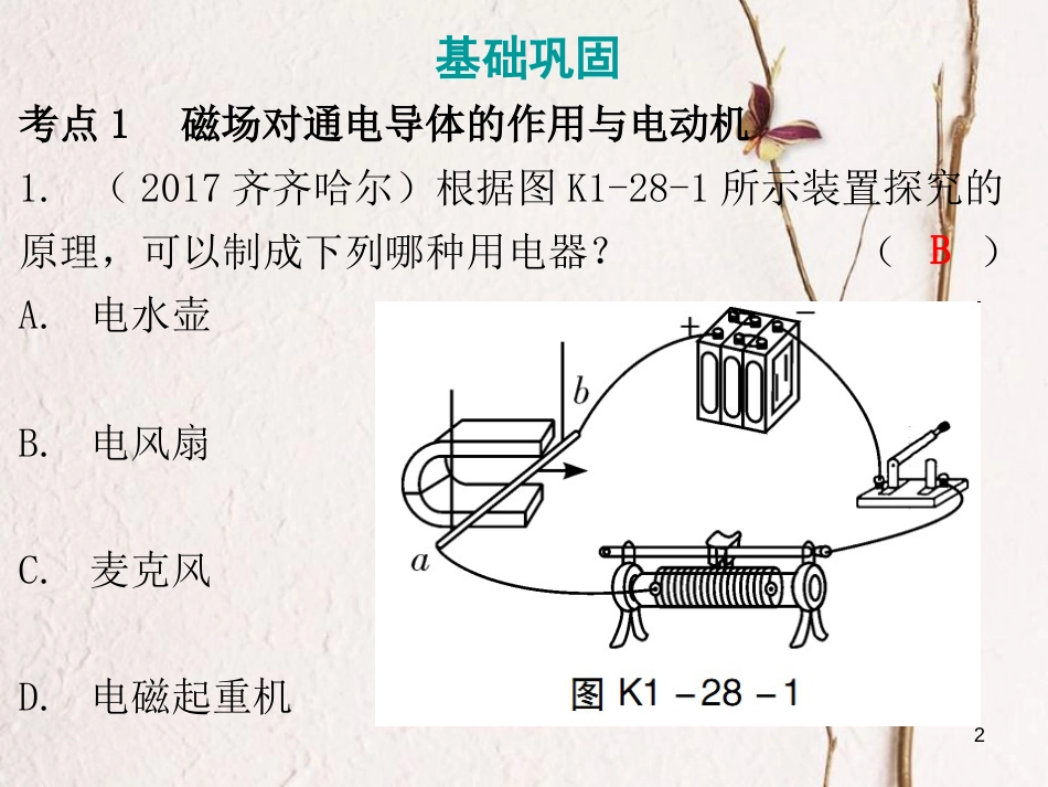 广东省中考物理总复习 第一部分 基础复习 第28课时 电动机与发电机课后作业课件_第2页