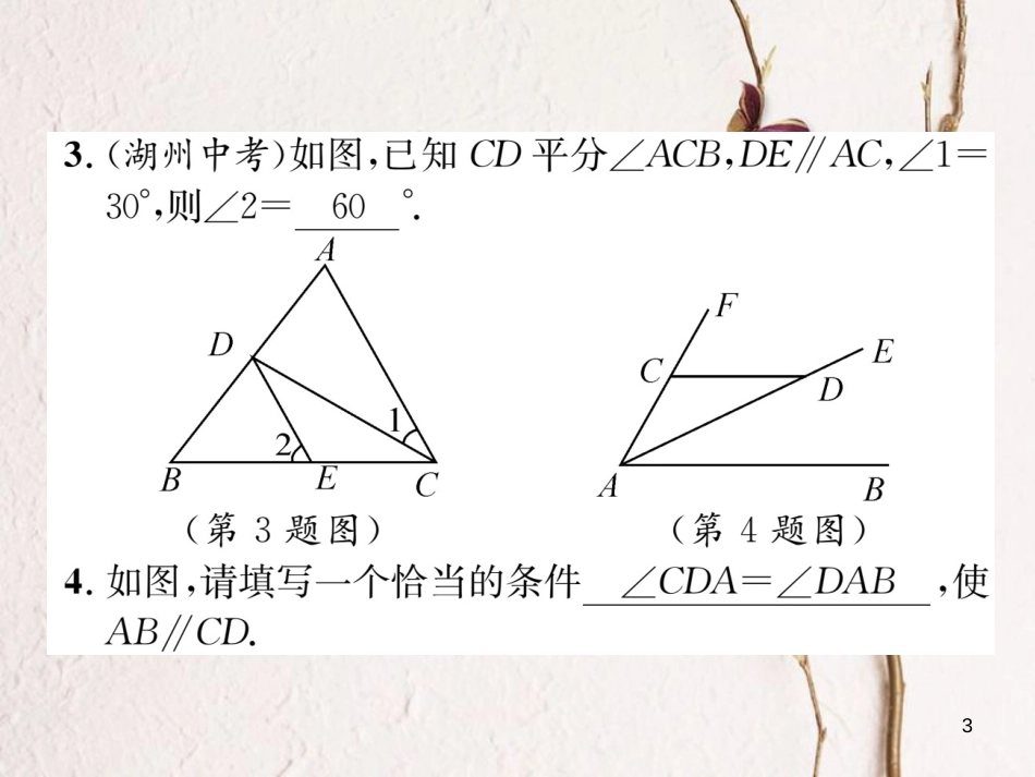 （毕节专版）七年级数学下册 第2章 相交线与平行线 课题六 平行线的性质与判定的综合应用当堂检测课件 （新版）北师大版_第3页