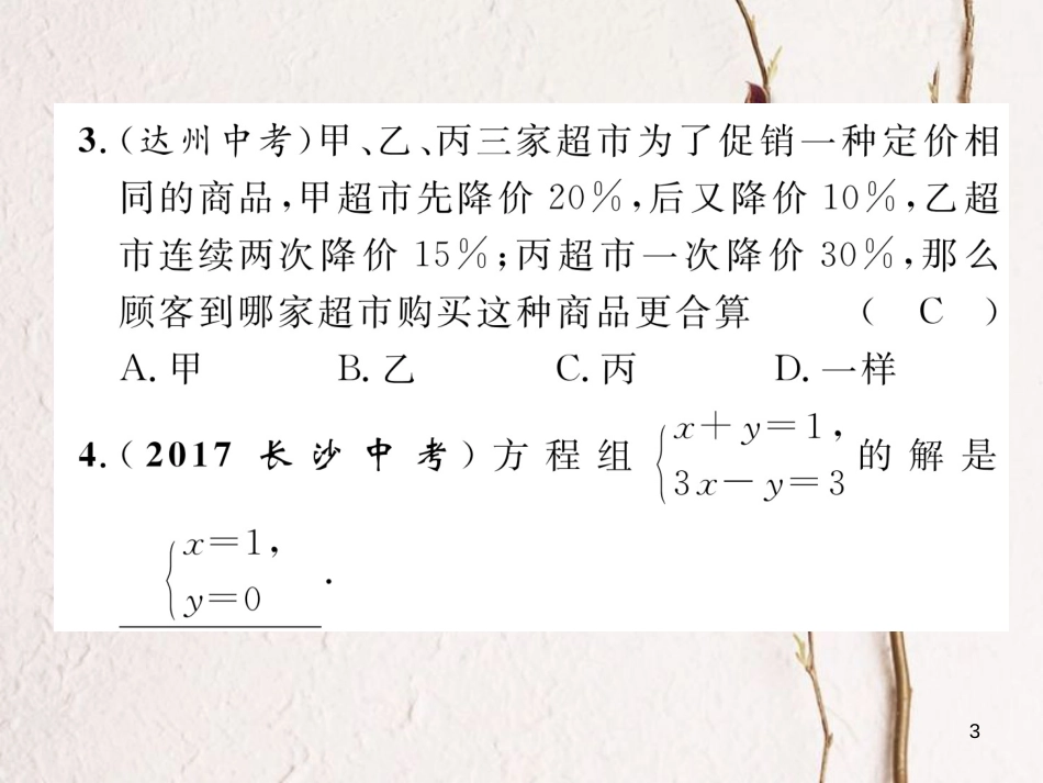 （青海专版）中考数学复习 第1编 教材知识梳理篇 第2章 方程（组）与不等式（组）第1节 一次方程（组）及其应用（精练）课件_第3页