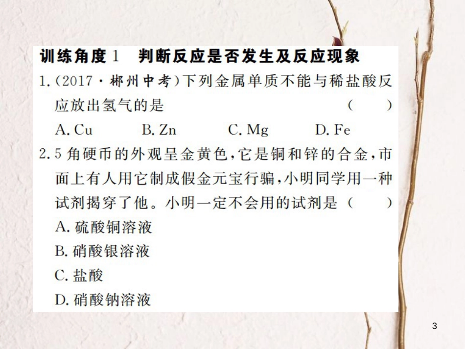 （江西专版）九年级化学下册 第8单元 金属和金属材料 专题训练（一）金属活动性顺序的应用课件 （新版）新人教版_第3页