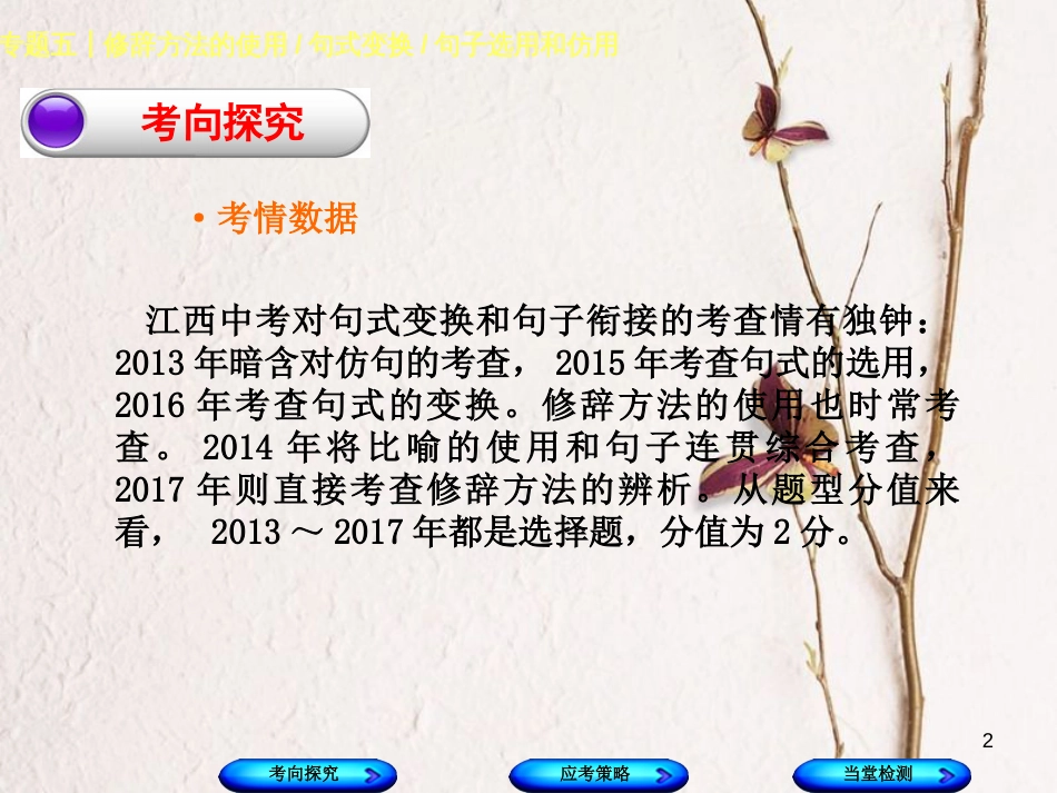 （江西专版）中考语文 第1篇 语文知识及运用 专题五 修辞方法的使用句式变换句子选用和仿用课件_第2页