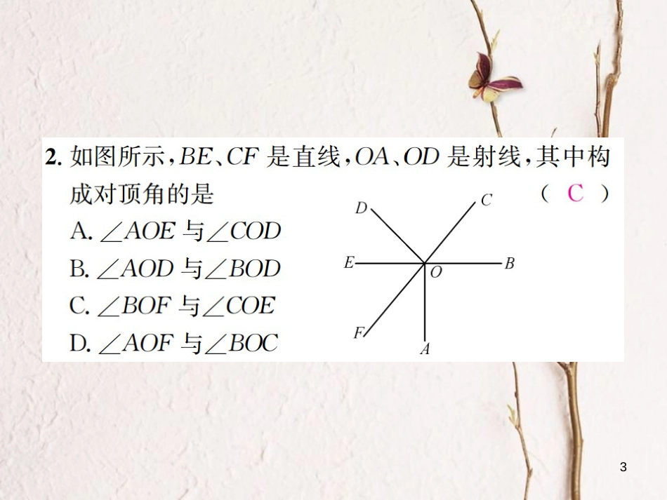 七年级数学上册 6.9 直线的相交 第1课时 对顶角习题课件 （新版）浙教版_第3页