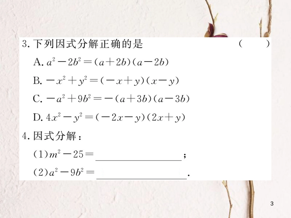 （贵州专用）八年级数学上册 14.3 因式分解 14.3.2 第1课时 运用平方差公式因式分解课件 （新版）新人教版_第3页