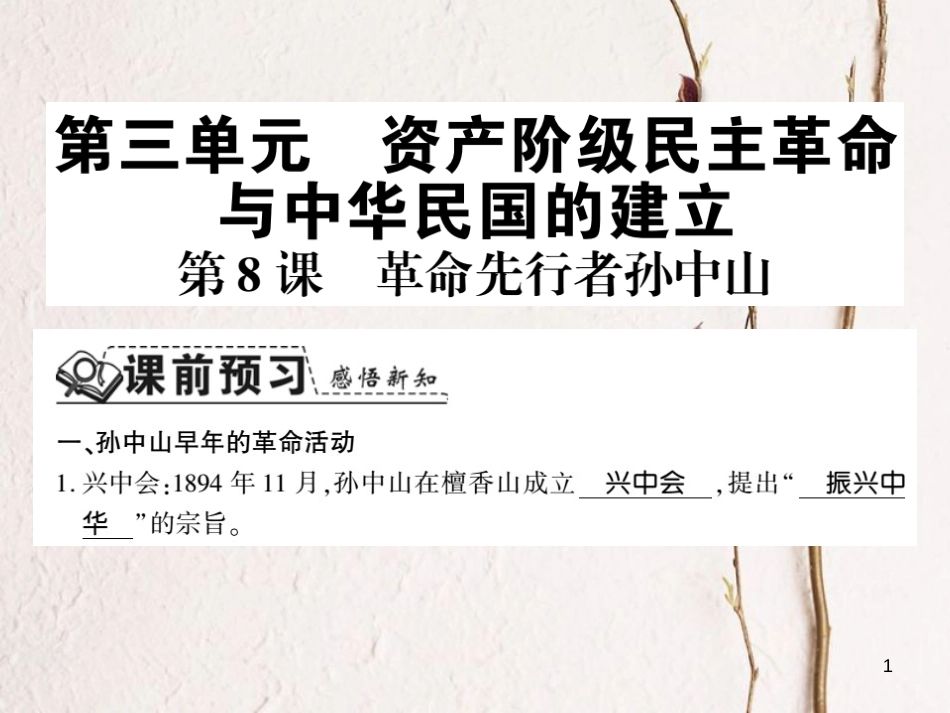 八年级历史上册 第三单元 资产阶级民主革命与中华民国的建立 第8课 革命先行者孙中山习题课件 新人教版_第1页