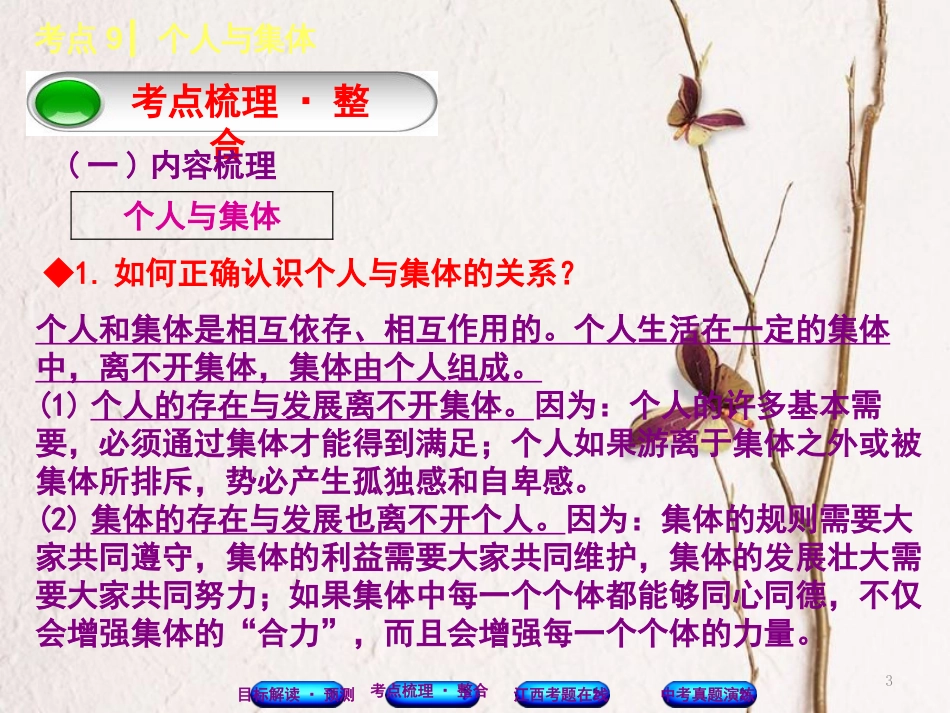 （江西专版）中考政治复习方案 第一单元 心理与品德 考点9 个人与集体教材梳理课件_第3页