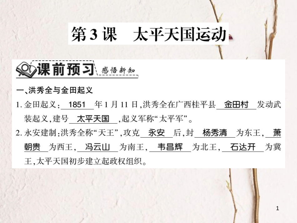 八年级历史上册 第一单元 中国开始沦为半殖民地半封建社会 第3课 太平天国运动习题课件 新人教版_第1页