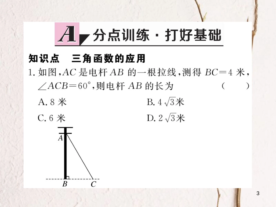 年九年级数学下册 第一章 直角三角形的边角关系 1.5 三角函数的应用练习课件 （新版）北师大版_第3页