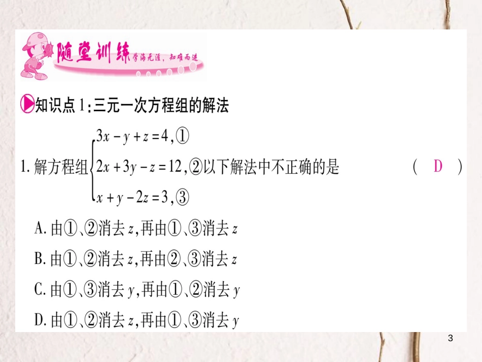 七年级数学下册 第8章 二元一次方程组 8.4 三元一次方程组的解法习题课件 （新版）新人教版_第3页