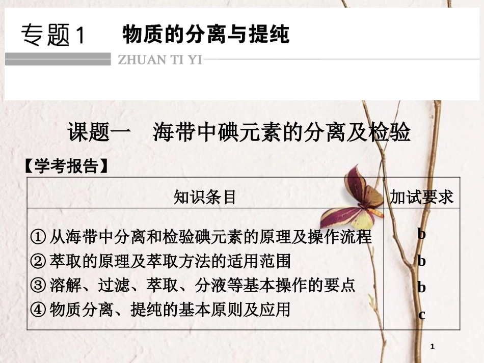 （浙江专用）高中化学 专题一 物质的分离与提纯 课题1 海带中碘元素的分离及检验课件 苏教版选修6_第1页