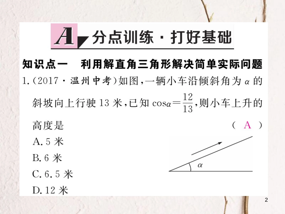 九年级数学下册 28 锐角三角函数 28.2 解直角三角形及其应用 28.2.2 第1课时 利用仰俯角解直角三角形作业课件 （新版）新人教版_第2页