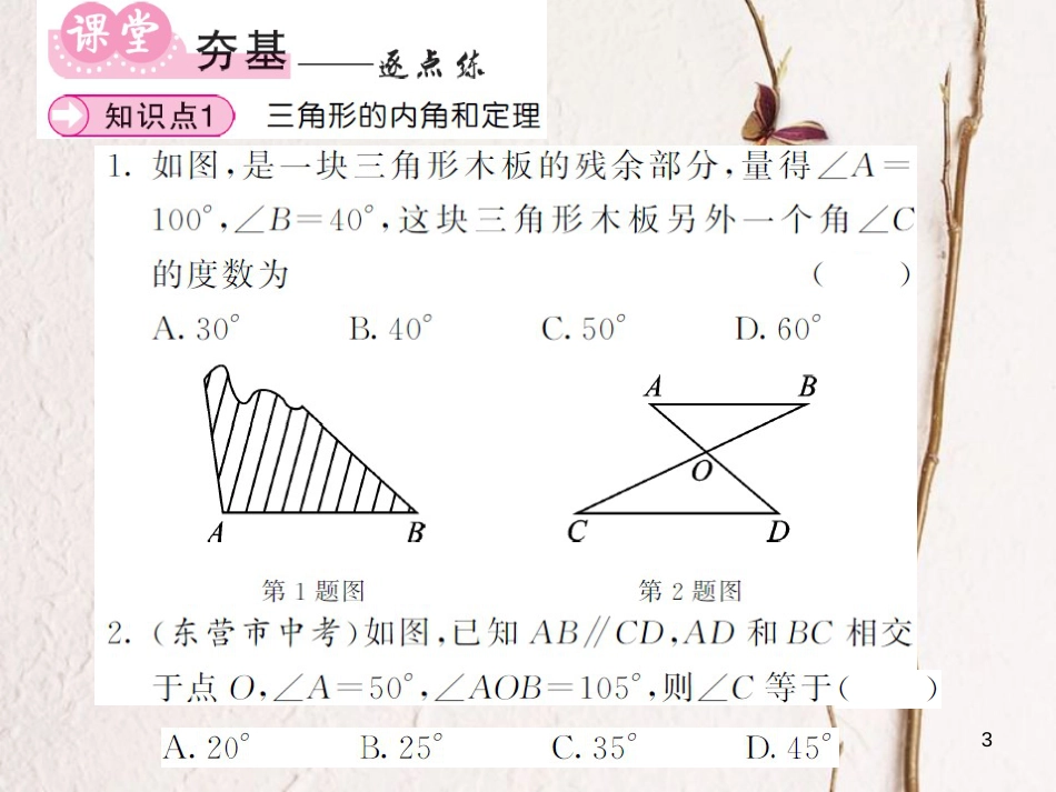 八年级数学上册 第2章 三角形 2.1 三角形 第3课时 三角形的内角与外角习题课件 （新版）湘教版_第3页