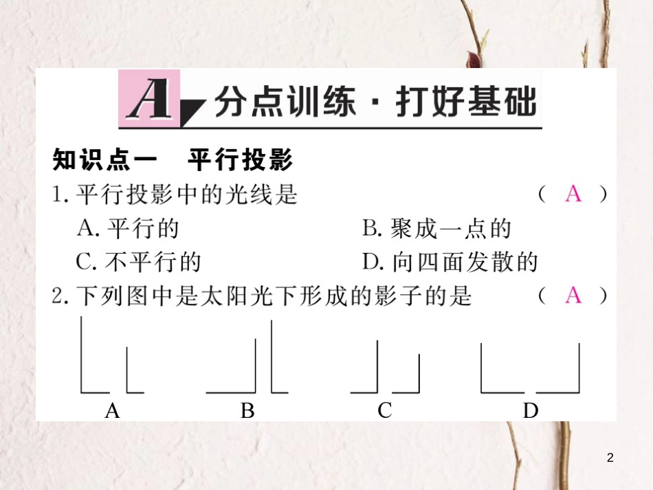 九年级数学下册 29 投影与视图 29.1 投影 第1课时 平行投影与中心投影作业课件 （新版）新人教版_第2页