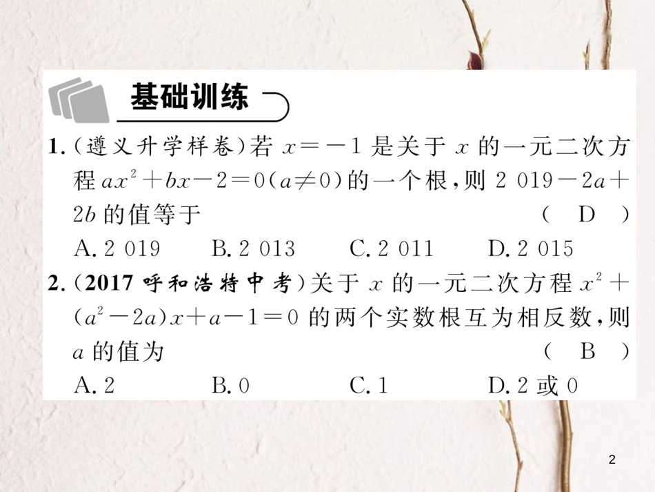 （青海专版）中考数学复习 第1编 教材知识梳理篇 第2章 方程（组）与不等式（组）第2节 一元二次方程及应用（精练）课件_第2页