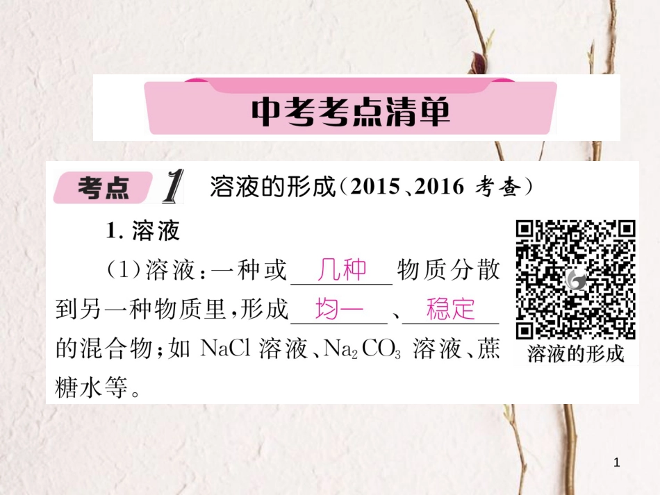 （青海专版）中考化学复习 第1编 教材知识梳理篇 第9单元 溶液中考考点清单（精讲）课件_第1页