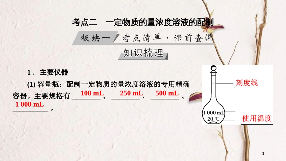 （全国通用版）2019版高考化学大一轮复习 第3讲 物质的量在化学实验中的应用 考点2 一定物质的量浓度溶液的配制优选课件_第3页