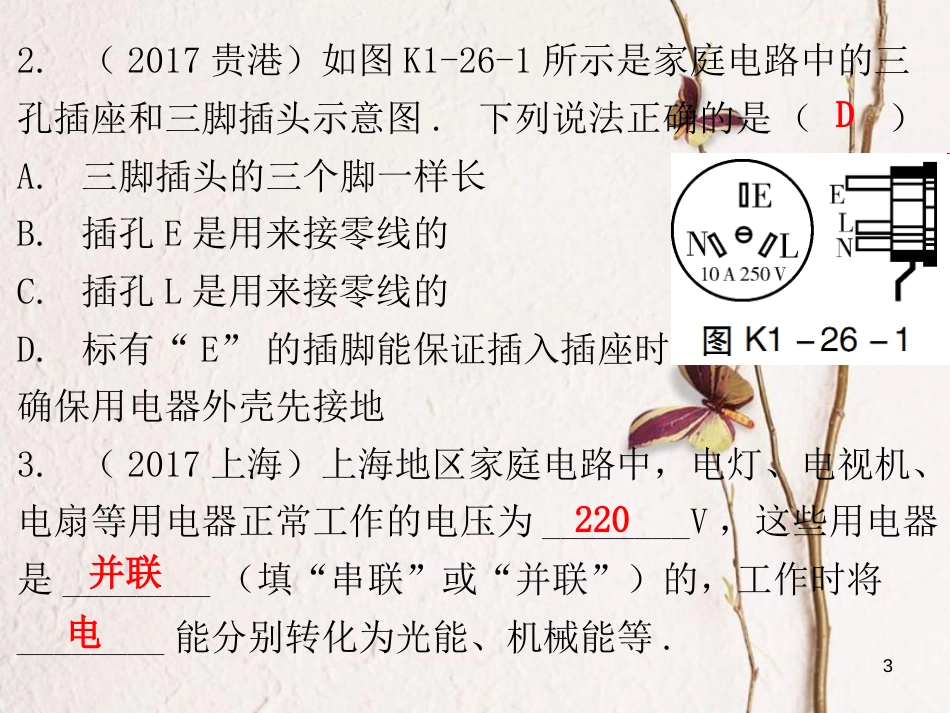 广东省中考物理总复习 第一部分 基础复习 第26课时 生活用电课后作业课件_第3页