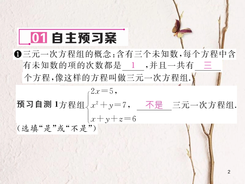 （黔西南专版）七年级数学下册 第8章 二元一次方程组 8.4 三元一次方程组的解法作业课件 （新版）新人教版_第2页