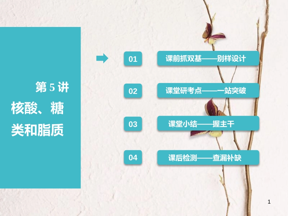 （全国通用版）2019版高考生物一轮复习 第1部分 分子与细胞 第一单元 细胞及其分子组成 第5讲 核酸、糖类和脂质课件_第1页
