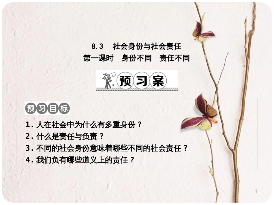 八年级政治下册 第八单元 我们的社会责任 8.3 社会身份与社会责任（第1课时身份不同 责任不同）课件 粤教版_第1页