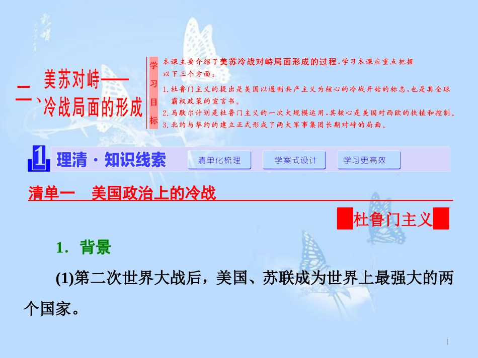 高中历史 专题四 雅尔塔体制下的冷战与和平 二 美苏对峙——冷战局面的形成课件 人民版选修3_第1页