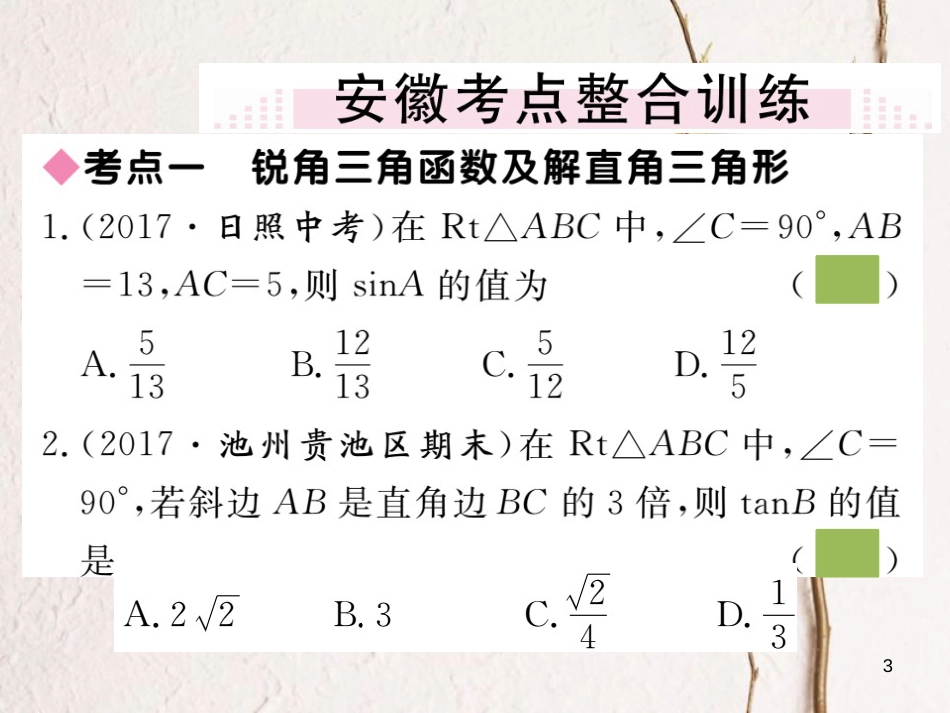 （安徽专版）九年级数学下册 第二十八章 锐角三角函数小结与复习练习课件 （新版）新人教版_第3页